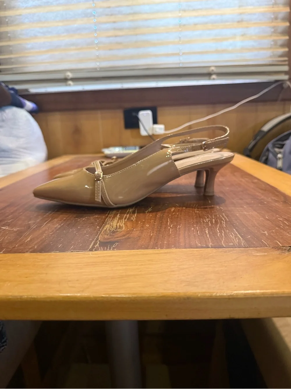 Patent Leather Slingback Kitten Heel in Taupe